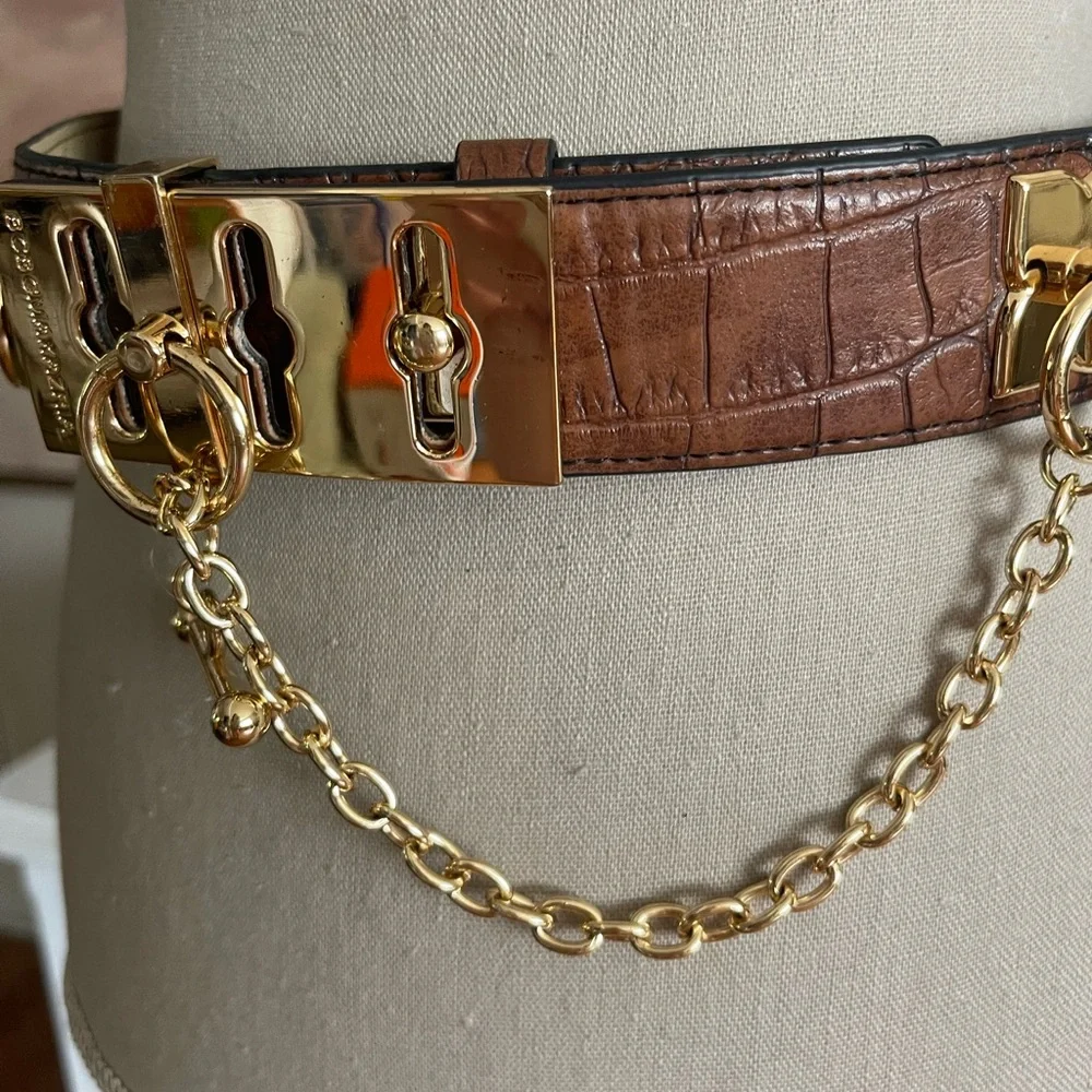BCBGMaxAzria Croco Design Belt with Decorative Gold Buckle and Chain Detail - Picture 6 of 8